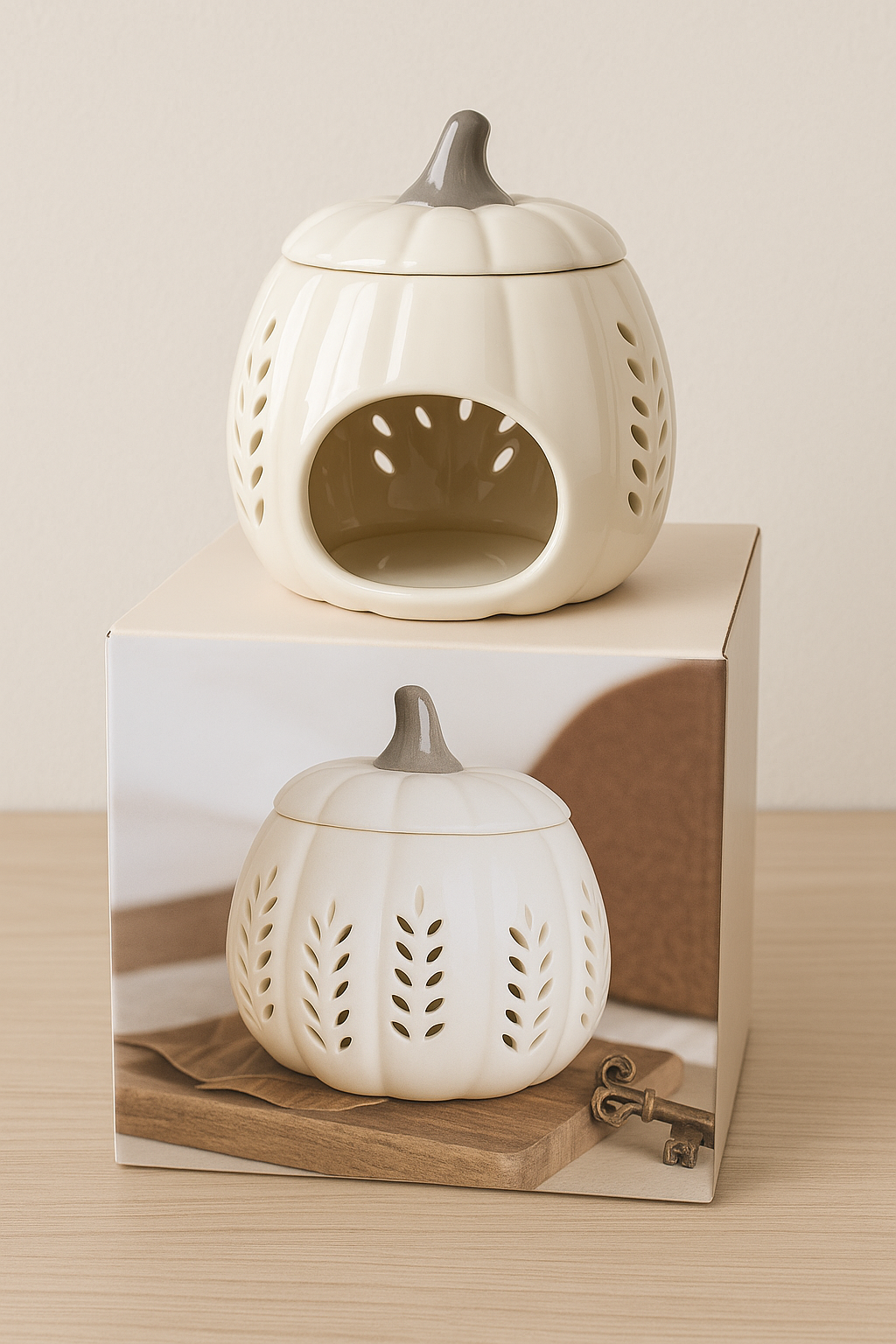 Luxury white ceramic pumpkin-shaped wax melt and oil burner with soft ivory glaze and leaf cutout design, displayed on a minimalist wooden background.