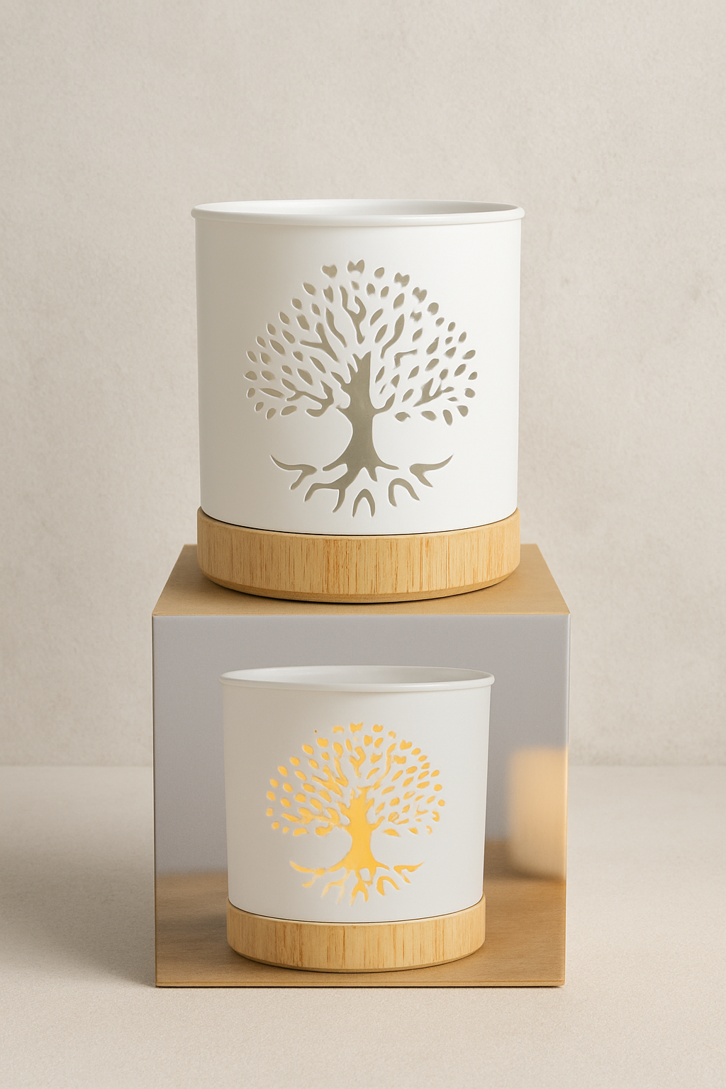 Tree of Life wax melt and oil burner with ceramic design and wooden base, perfect for home fragrance and aromatherapy.
