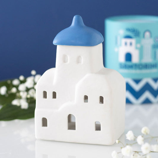 Santorini blue and white ceramic oil burner and wax melt warmer inspired by traditional Greek island houses