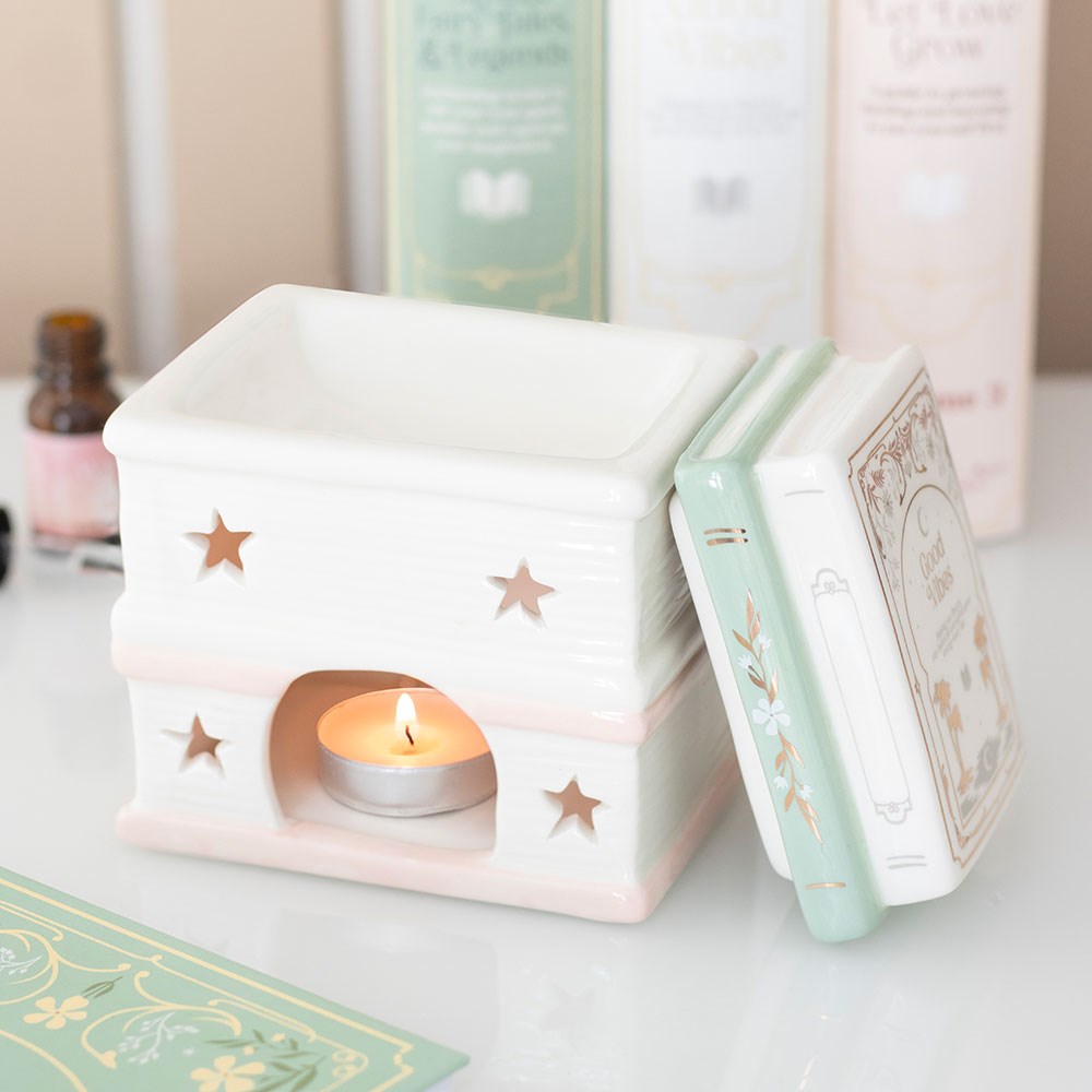 Novelty stacked book wax melt warmer with removable lid for cosy home fragrance