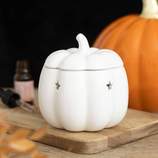 White pumpkin ceramic oil burner with removable lid for autumn home fragrance