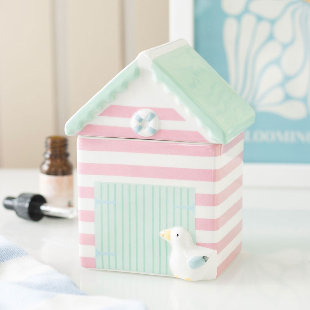 Pastel Beach Hut ceramic oil burner for fragrance oils and coastal home décor