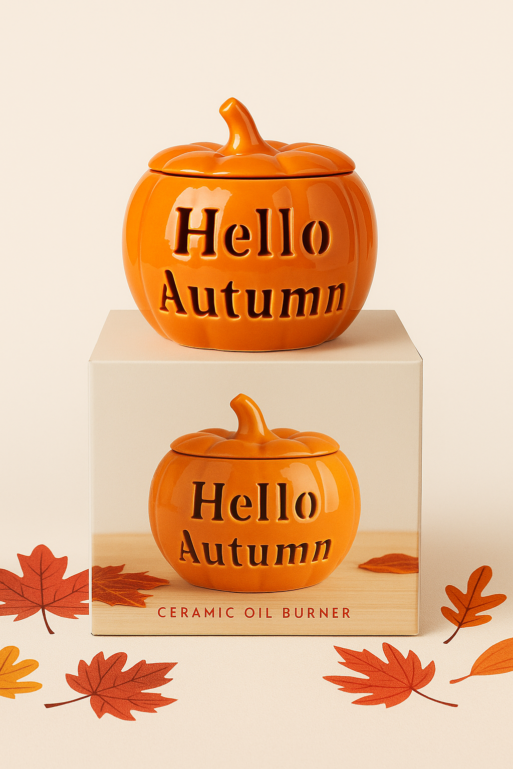 Hello Autumn ceramic pumpkin oil burner with cut-out lettering, ideal for wax melts and autumn home décor.