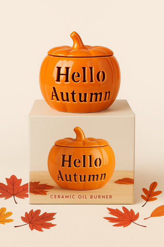 Hello Autumn ceramic pumpkin oil burner with cut-out lettering, ideal for wax melts and autumn home décor.