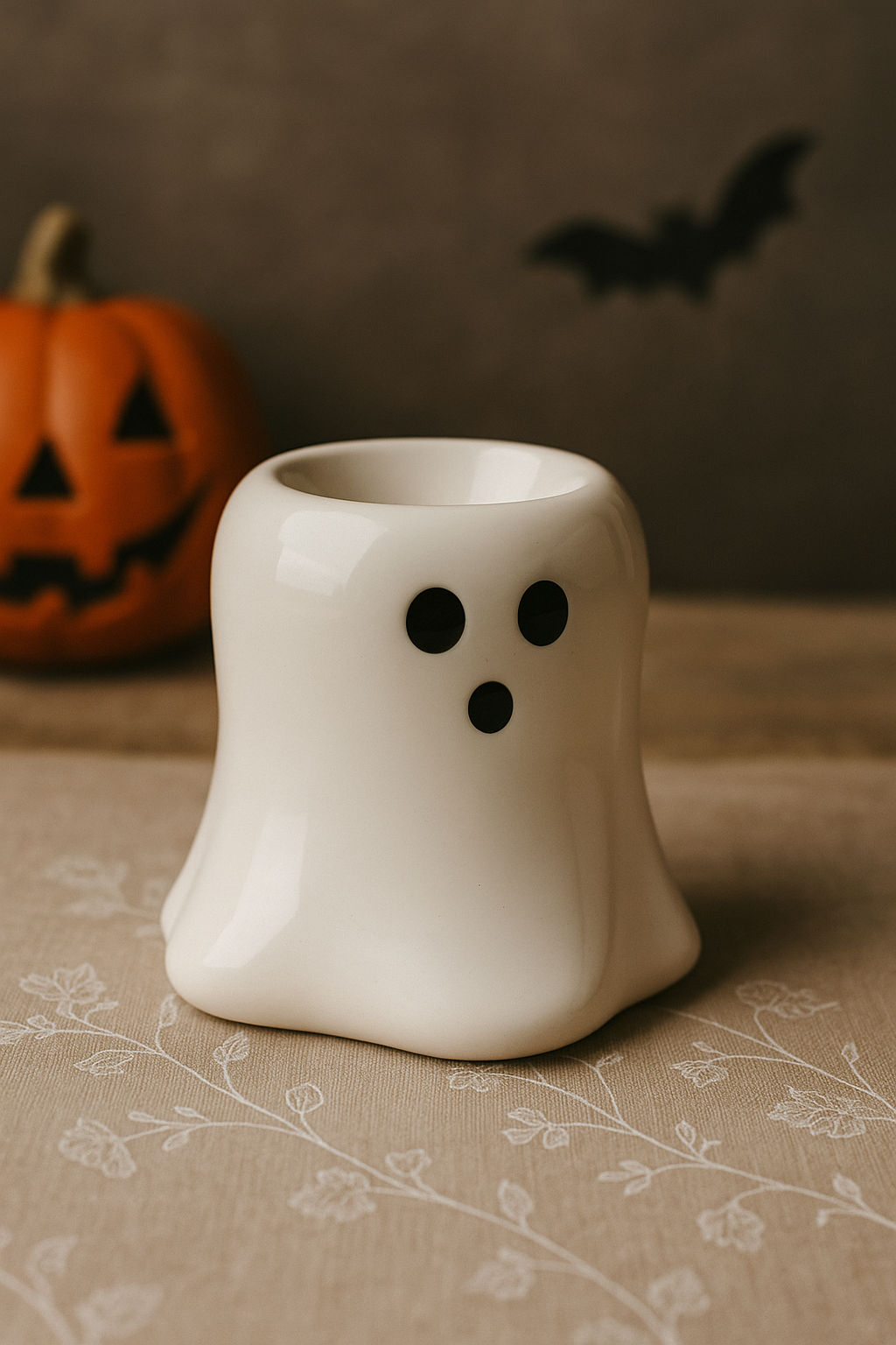 Hey Boo ghost ceramic wax melt burner on beige fabric