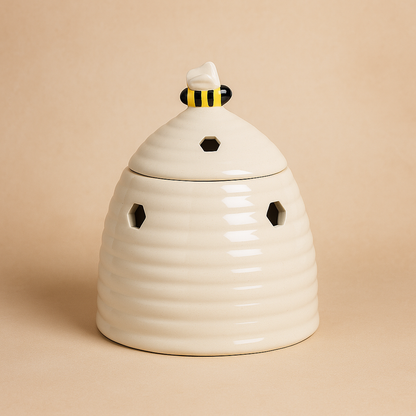 Honeycomb beehive ceramic oil burner in white for wax melts or fragrance oils, product photo on warm beige backdrop