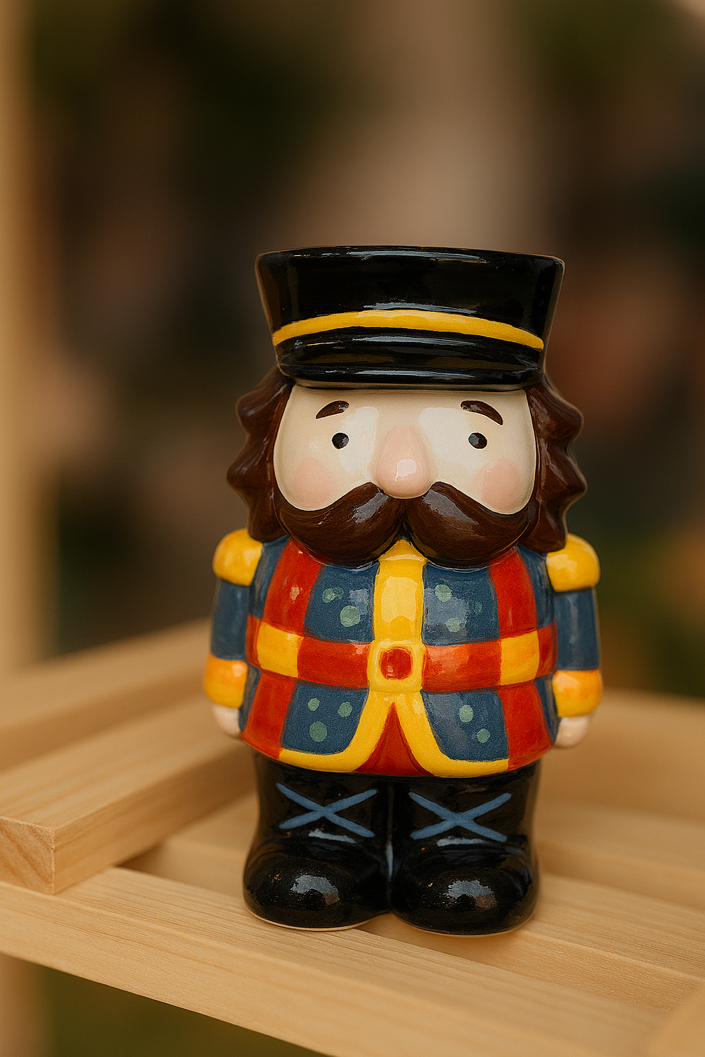 Colorful ceramic nutcracker figurine on a wooden shelf with blurred background, festive holiday decoration close-up.