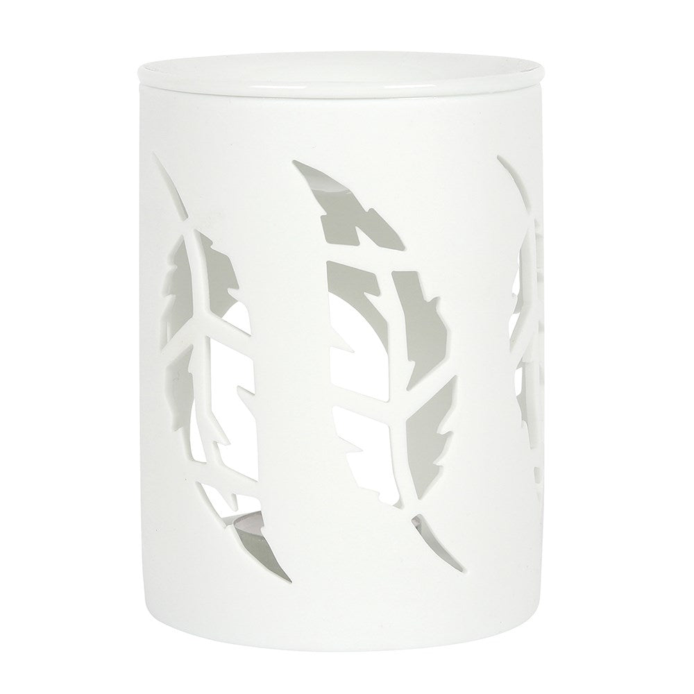Ceramic white oil burner with feather cut-outs for wax melts and fragrance oils