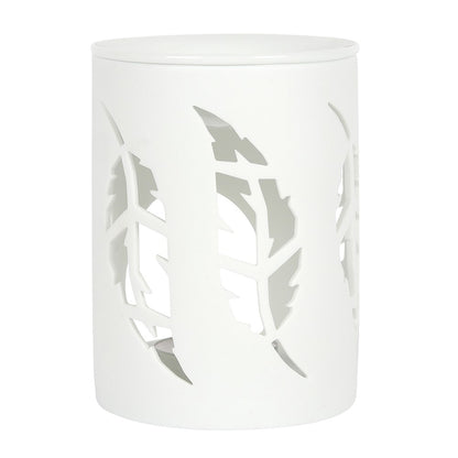 Ceramic white oil burner with feather cut-outs for wax melts and fragrance oils