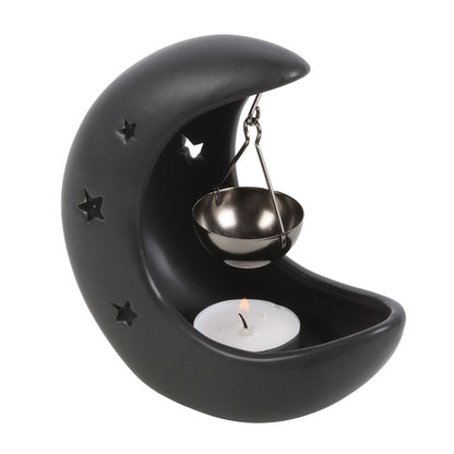 Black crescent moon and star oil burner for gothic and celestial home décor