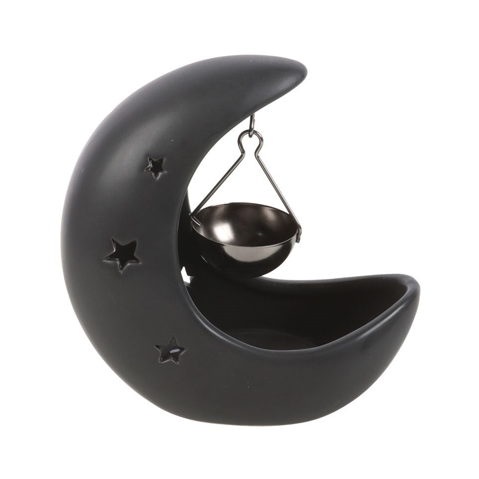 Black crescent moon hanging oil burner with suspended fragrance bowl and cut-out star details