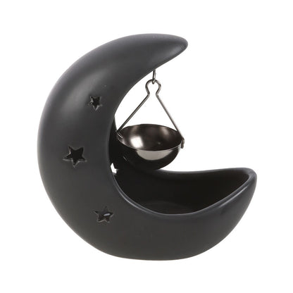 Black crescent moon hanging oil burner with suspended fragrance bowl and cut-out star details