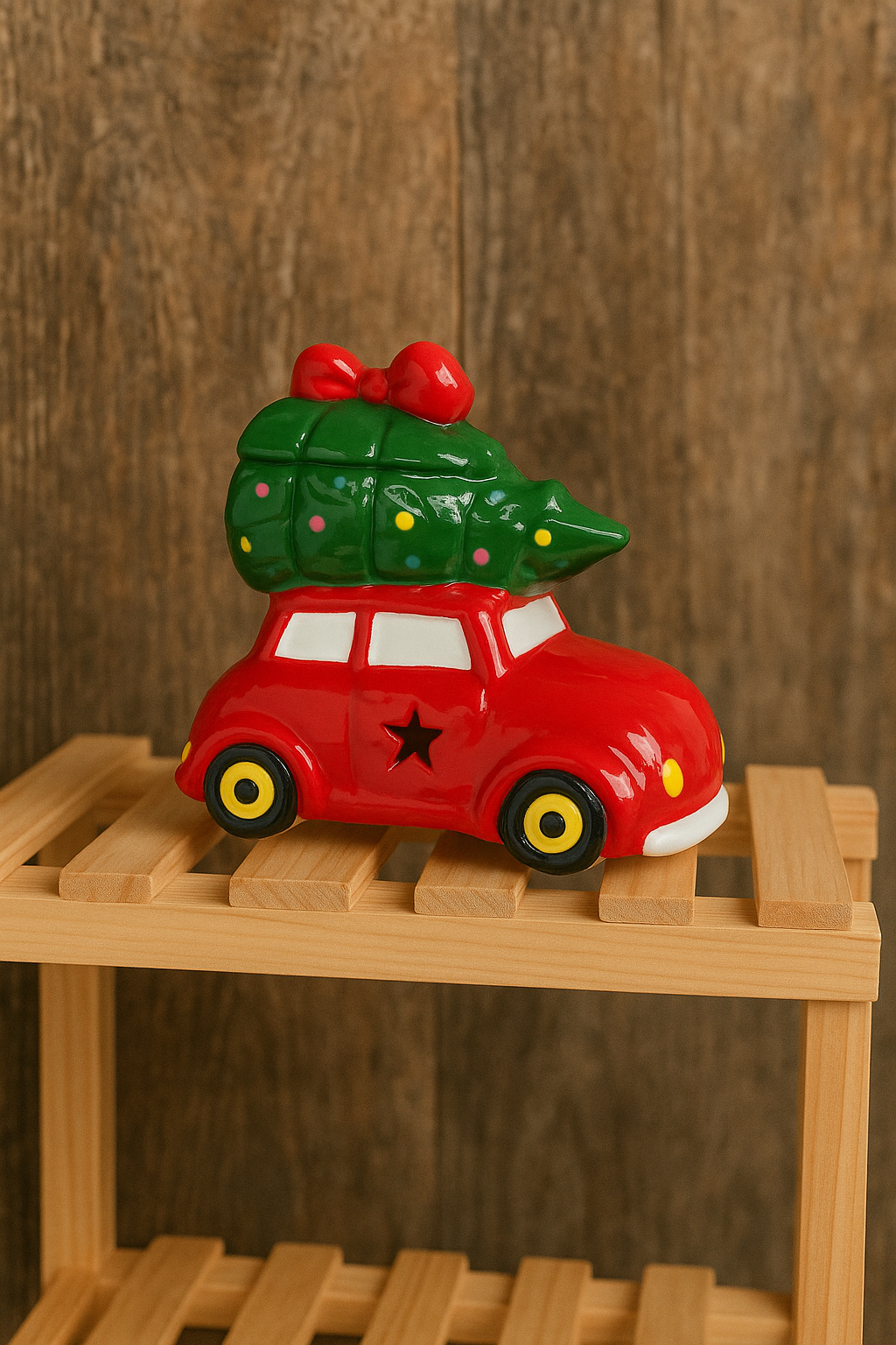 Red car wax melt burner with Christmas tree on top – festive ceramic oil burner for home fragrance