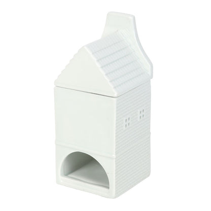 Nordic white ceramic wax melt burner styled as a miniature house for Scandi home décor