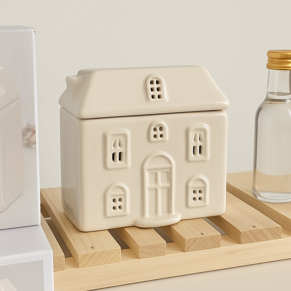 White ceramic house-shaped wax melt and oil burner with window cutouts, displayed against a minimalist background.