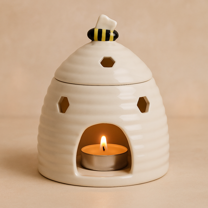 White ceramic beehive wax melt and oil burner with honeycomb cut-outs and a lit tealight on a neutral background
