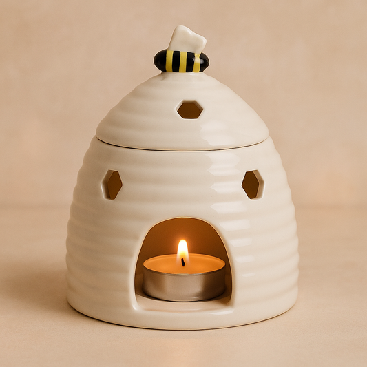 White ceramic beehive wax melt and oil burner with honeycomb cut-outs and a lit tealight on a neutral background