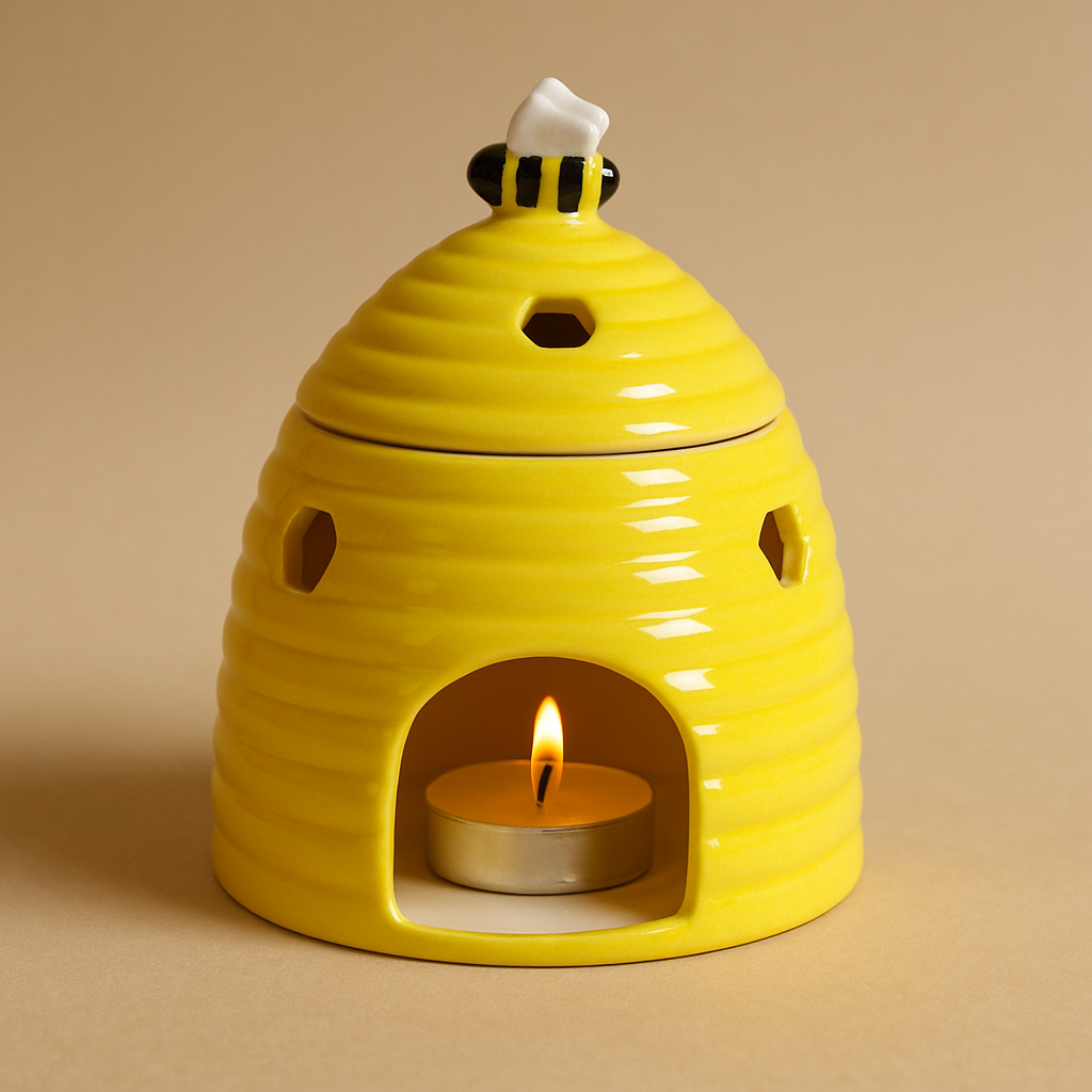 Yellow beehive ceramic wax melt and oil burner with tealight lit