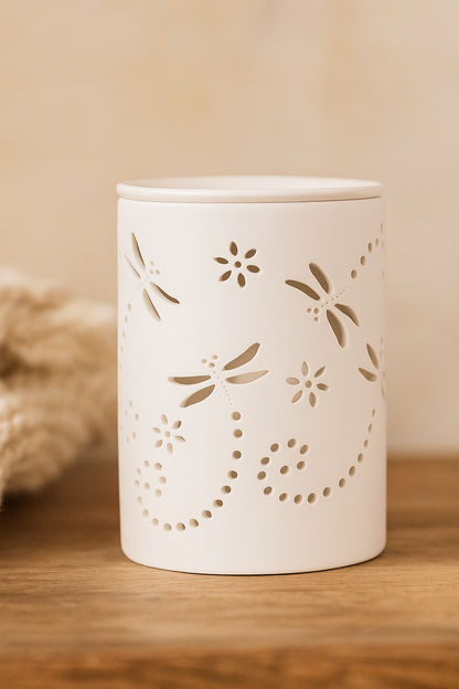 close up of dragonfly design on ivory ceramic wax melt burner