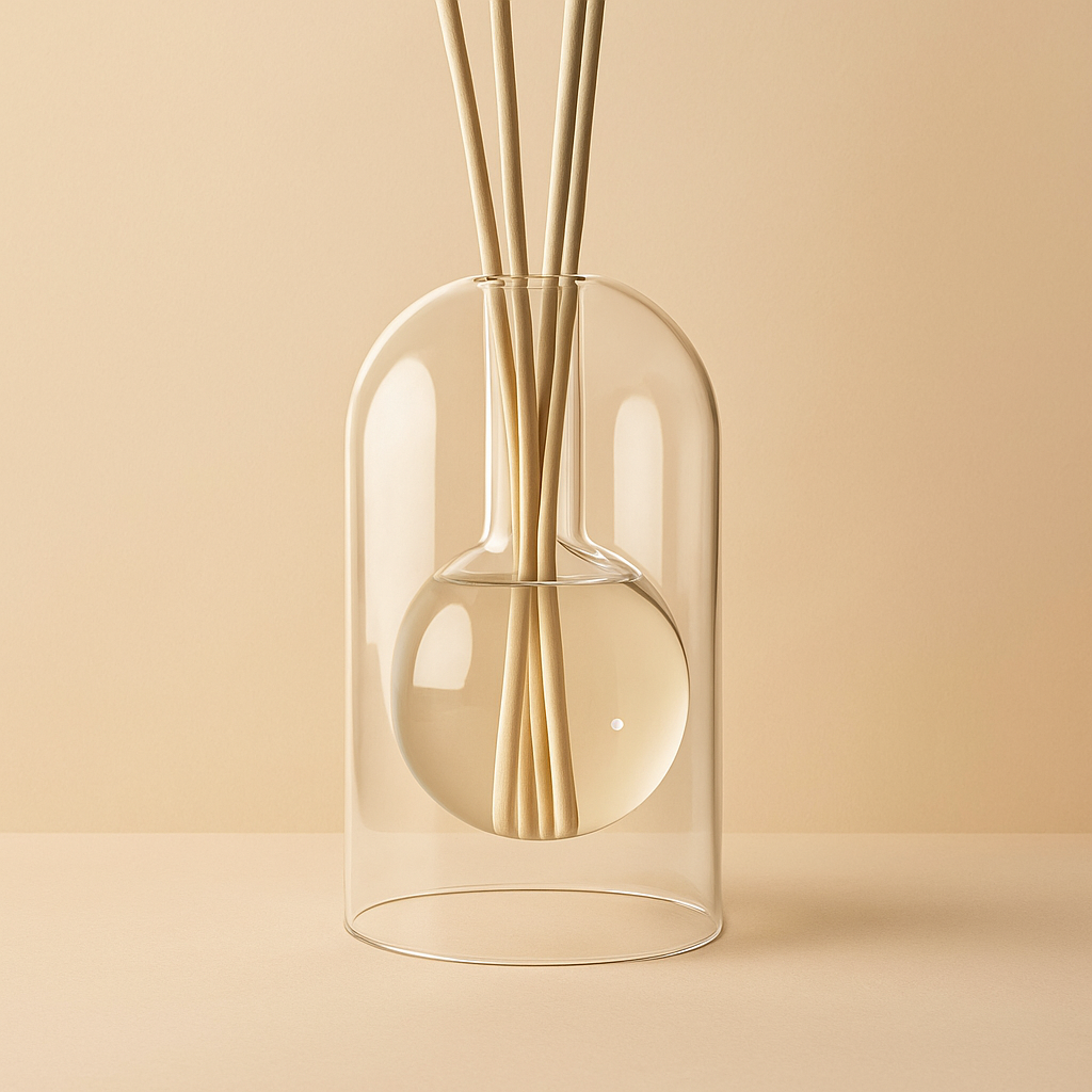 double-walled glass reed diffuser with round inner vessel, includes six reeds