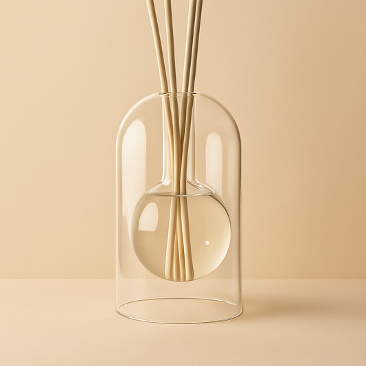 double-walled glass reed diffuser with round inner vessel, includes six reeds